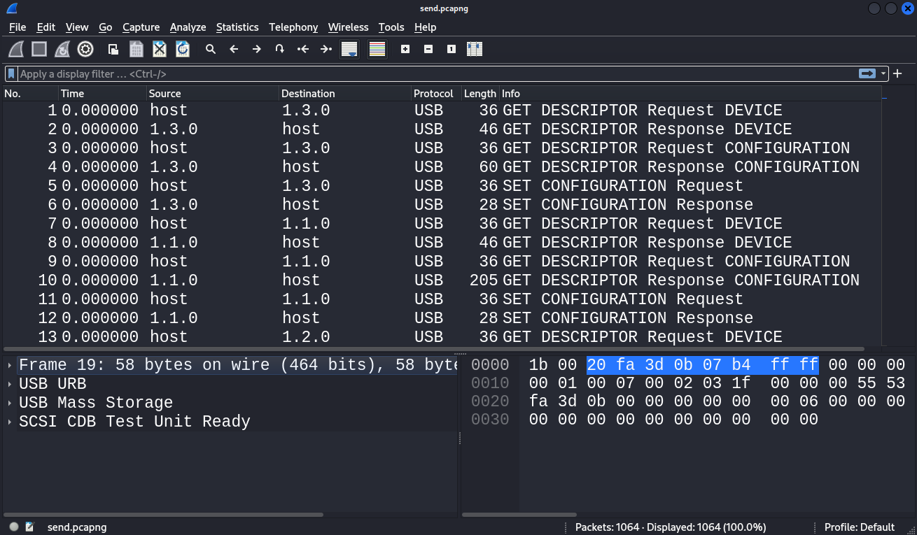 PCAP file shown in wireshark